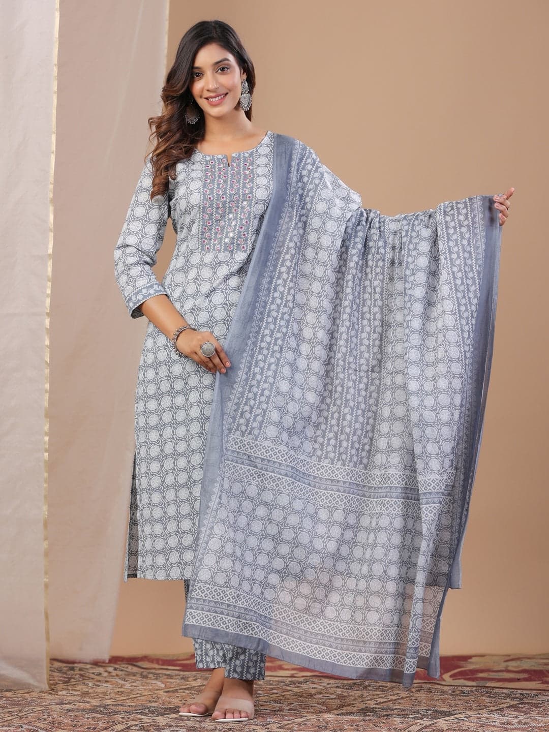 Tiko Fashion Women's Grey Ethnic Motifs Printed Beads And Stones Pure Cotton Kurta With Trousers & With Dupatta