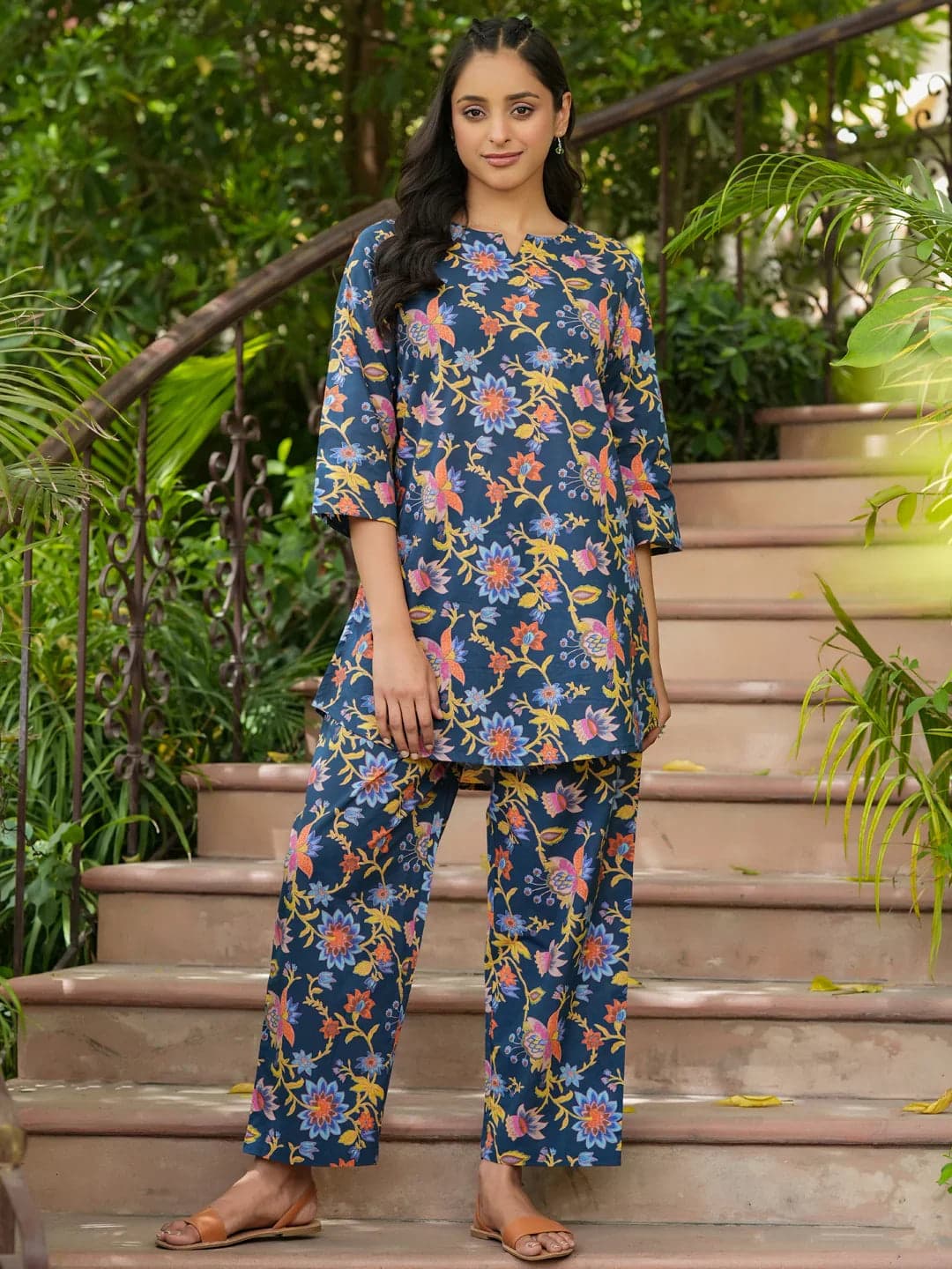 Tiko Fashion Blue Cotton Printed Loungewear Set