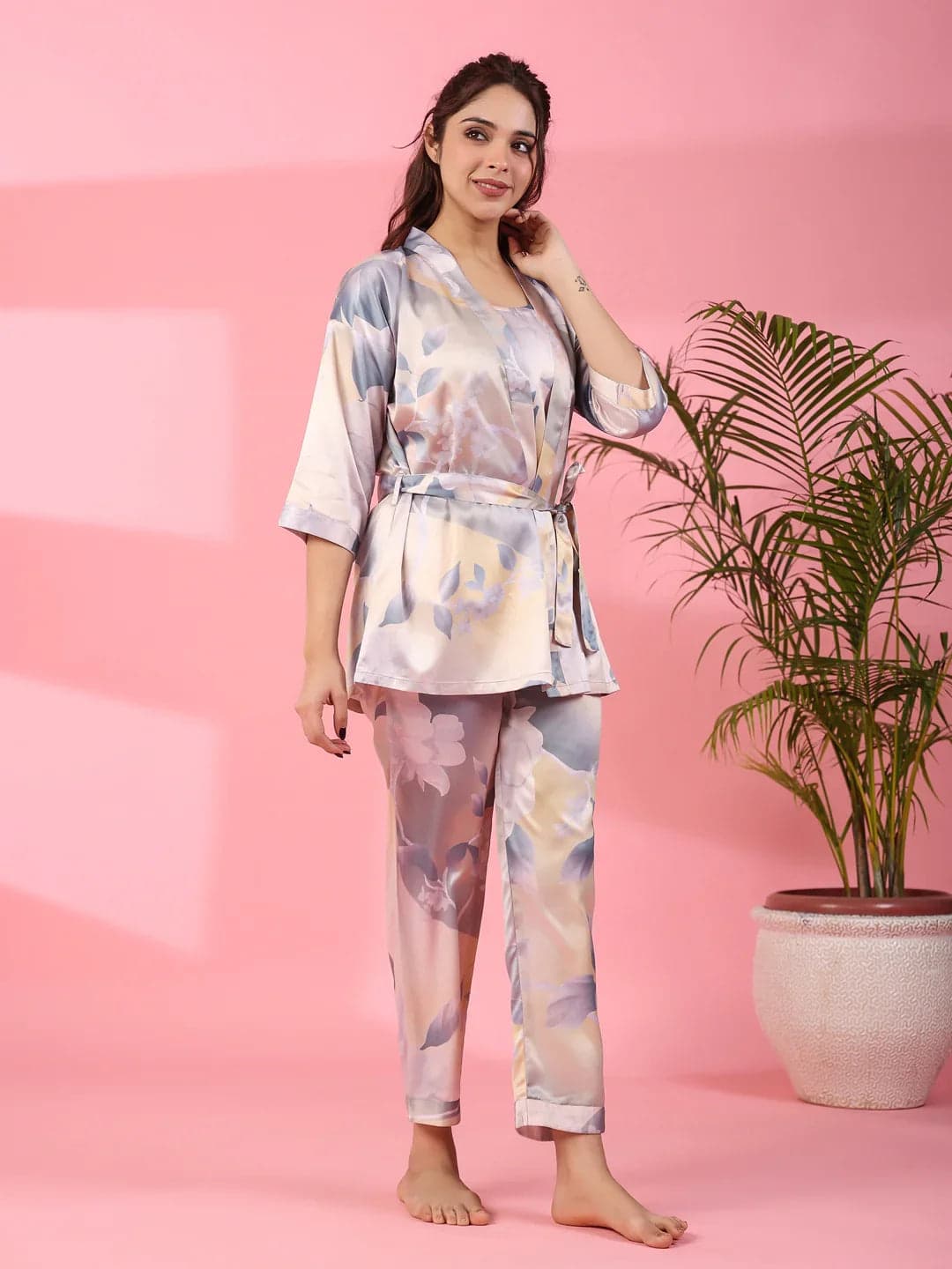 Tiko Fashion Women's 3-Piece Poly Satin Night Suit