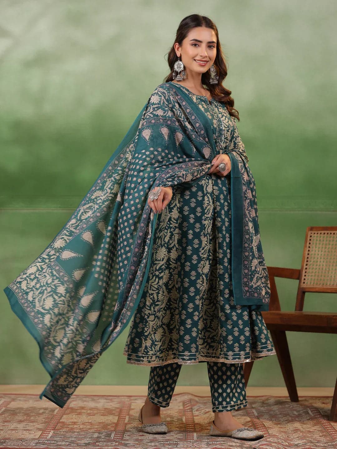 Tiko Fashion Women's Set Of Pure Cotton 3 Pcs Teal Colour Flared Printed Kurta Sets