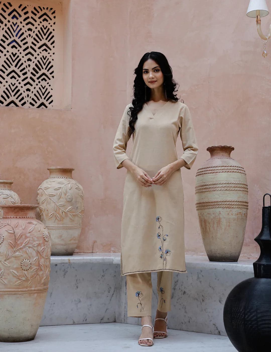 Tiko Fashion Beige Solid Print Cotton Kurta Set