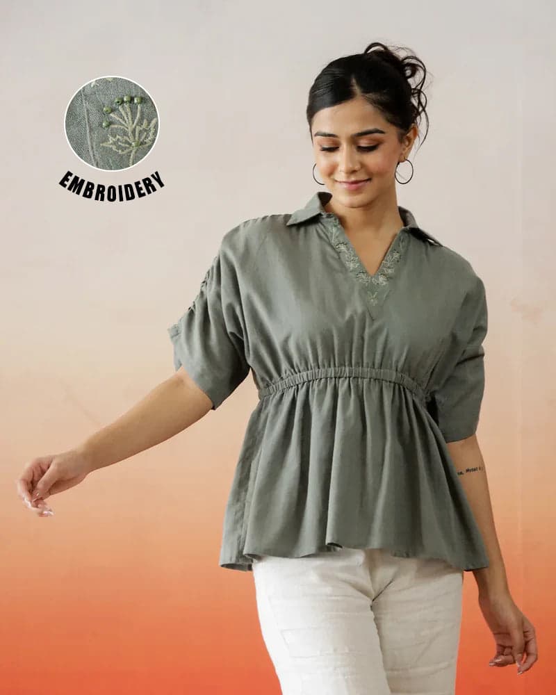 Tiko Fashion Solid Print Cotton Embroidered Top