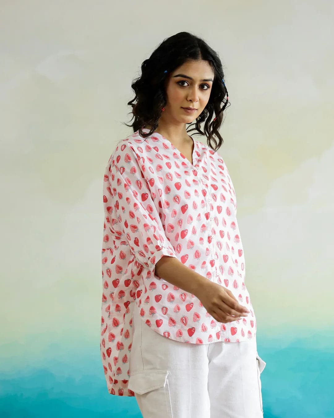 Tiko Fashion Strawberry Print Cotton V-Neck Top
