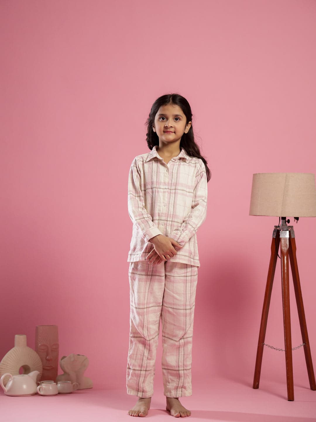 Tiko Fashion Pink Checked Printed Cotton Winter Night Suit For Kids