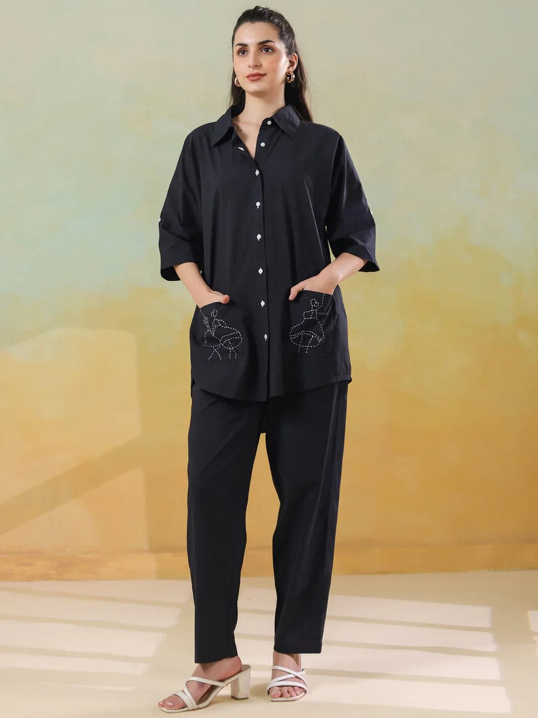 Tiko Fashion Women's Black Color Shirt Collar Pure Cotton Co-Ord Set