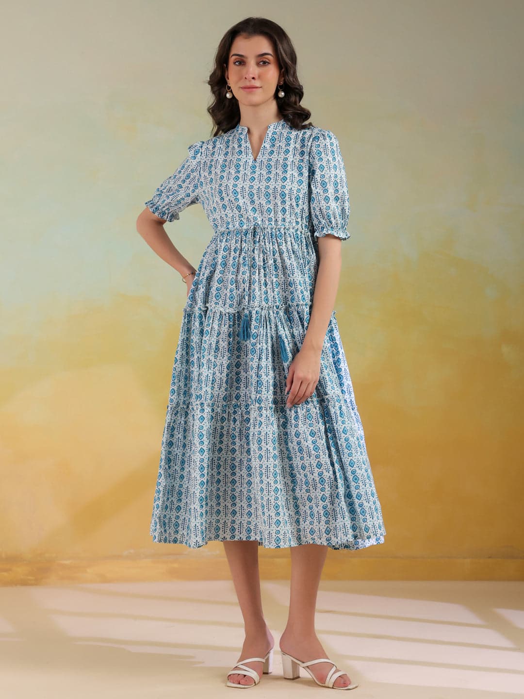 Tiko Fashion Women's Blue Color Geometric Printed Cotton Dress