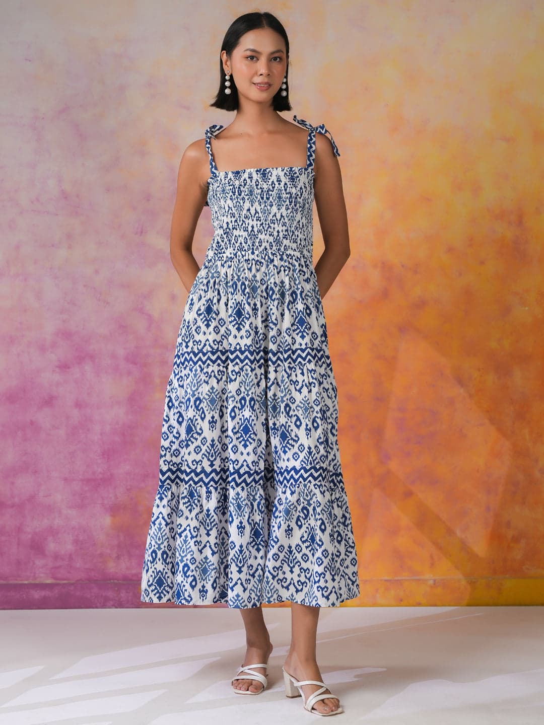 Tiko Fashion Women's Blue Printed Square Neck Dress