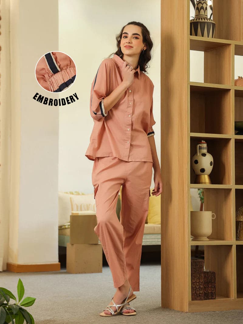 Tiko Fashion Women's Peach Shirt Collar Pure Cotton Shirt Solid Co-Ord Set