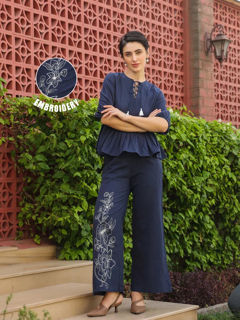 Tiko Fashion Women's Blue Round Neck Pure Cotton Top Solid Co-Ord Set